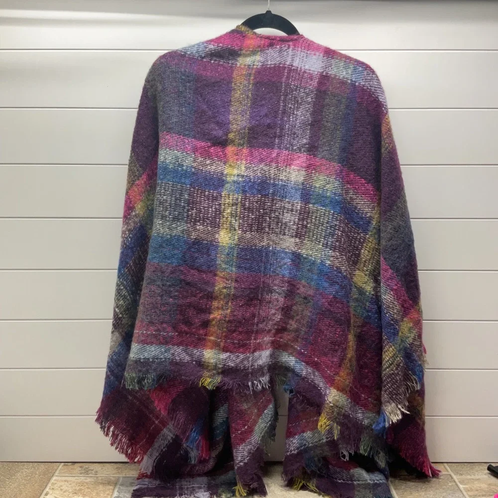 Studio Womens Purple Multi Plaid Fringed Open Front Poncho Wrap One Size OS